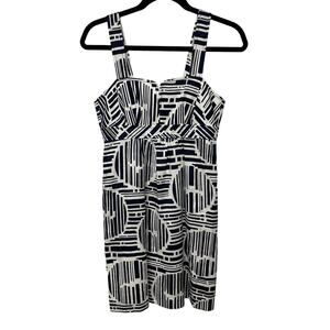 Trina Turk Navy Blue White Geometric Sleeveless Sheath Dress Womens Size 4